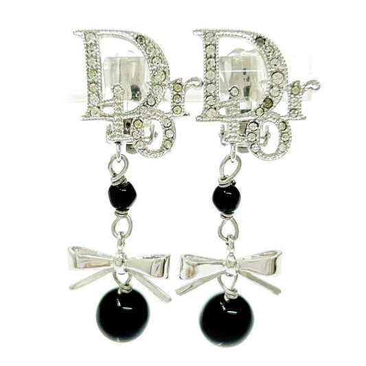 Christian Dior Metal Rhinestone Dior Logo Swing Ribbon Earrings Silver 291225