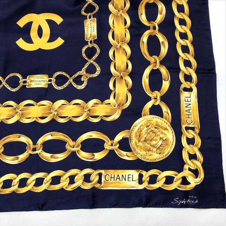 Chanel Chain Logo Scarf Large Silk 100% Navy