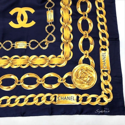 Chanel Chain Logo Scarf Large Silk 100% Navy