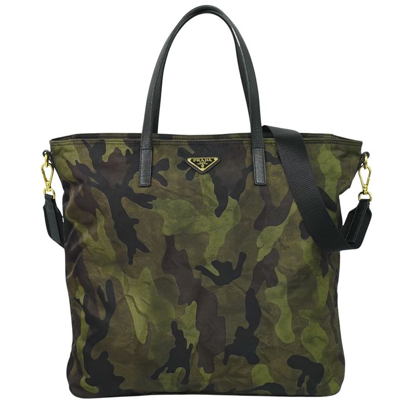Authentic Prada Camouflage Pattern 2WAY Shoulder Bag Handbag Nylon Khaki Black