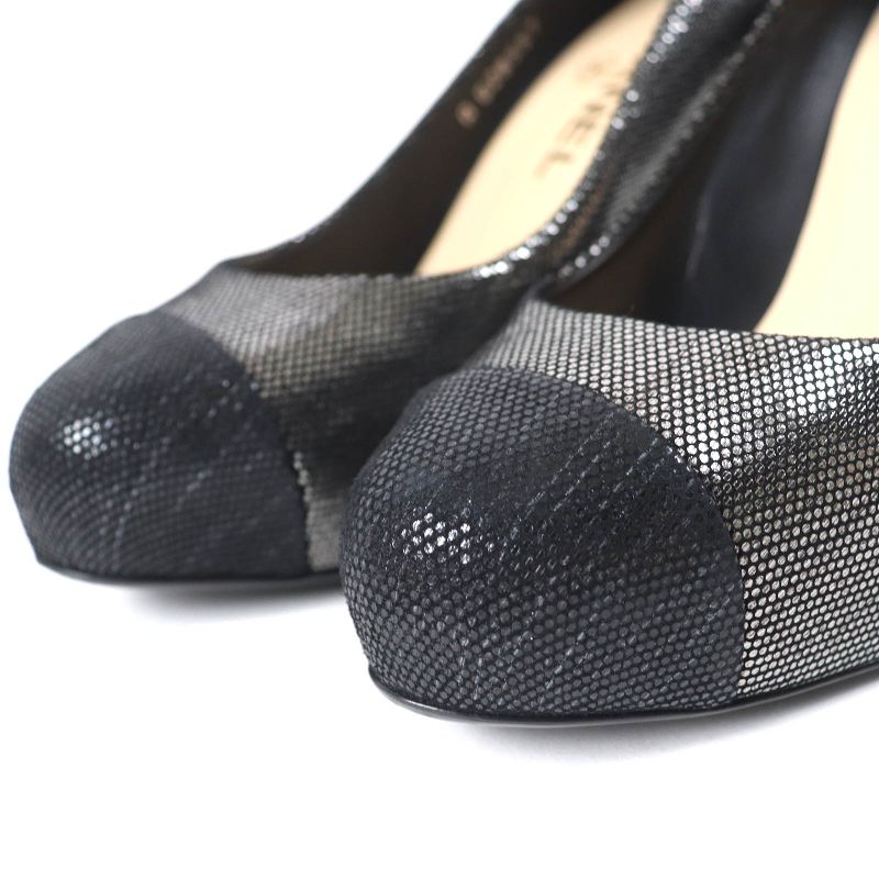 CHANEL G28557 Coco Mark Rhinestone Metallic Leather Cap Toe Platform Pumps