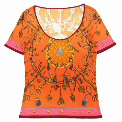 Hermes Les Cles Key Pattern Short Sleeve T-Shirt U-Neck Top Women's Orange Size