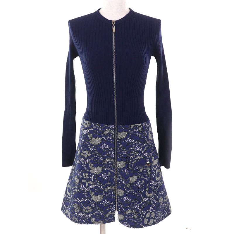 Louis Vuitton Monogram Flower Lace Jacquard Zip Up Knit Switch Dress Navy XS