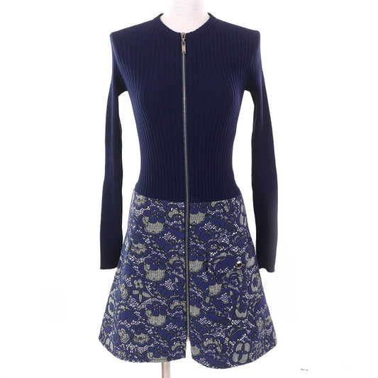 Louis Vuitton Monogram Flower Lace Jacquard Zip Up Knit Switch Dress Navy XS