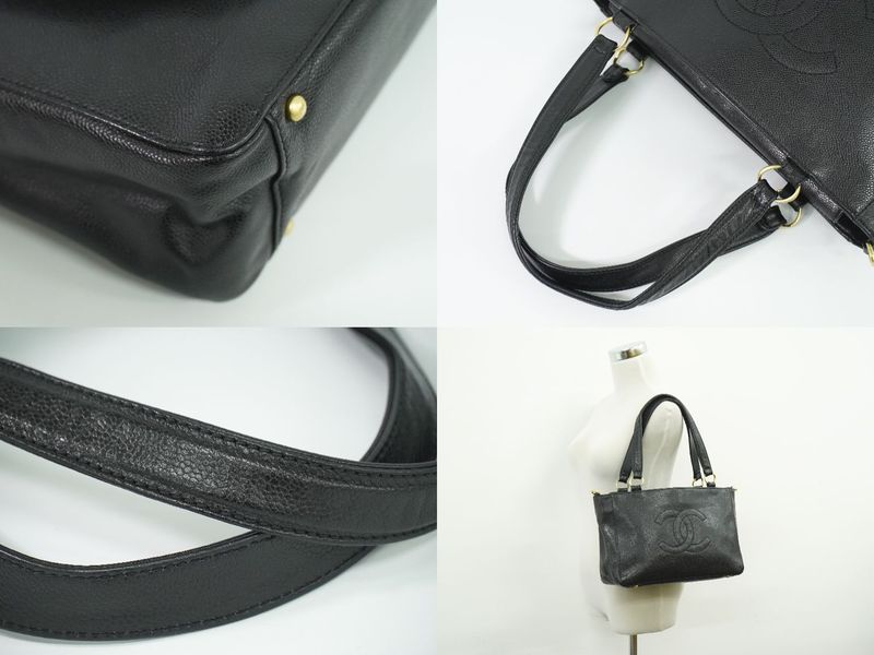 Authentic Chanel Coco Mark Shoulder Bag Tote Bag Caviar Skin Leather Black Coco