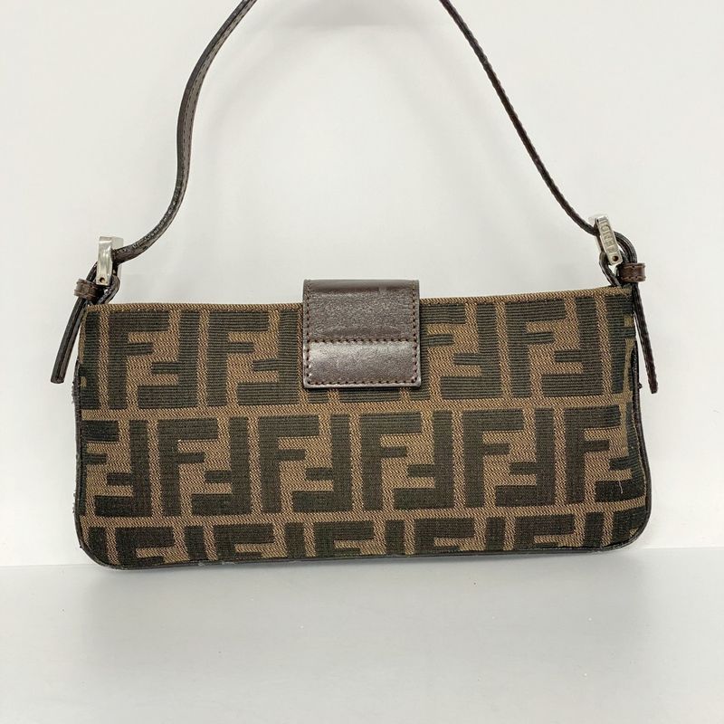 Fendi Handbag Zucca Nylon Canvas Brown Silver Hardware Women