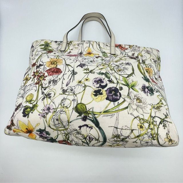 Gucci 282439 Tote Handbag Flora White Multicolor Canvas Leather Fashion Women