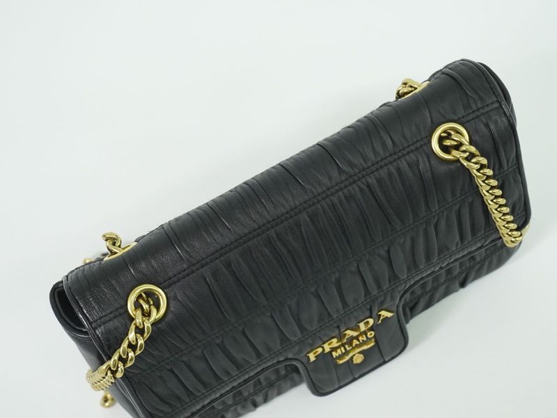 Authentic Prada Nappa Gaufre Chain Shoulder Bag Pochette Leather Black Nappa