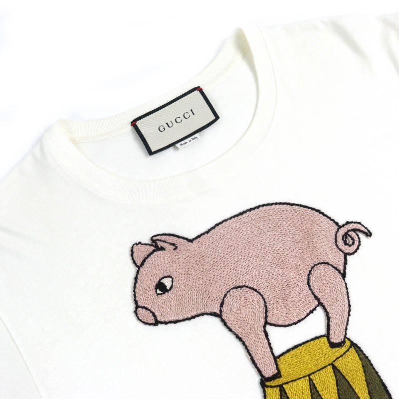 Gucci 615044 100% Cotton Equilibrium Pig Embroidery Crew Neck Short Sleeve