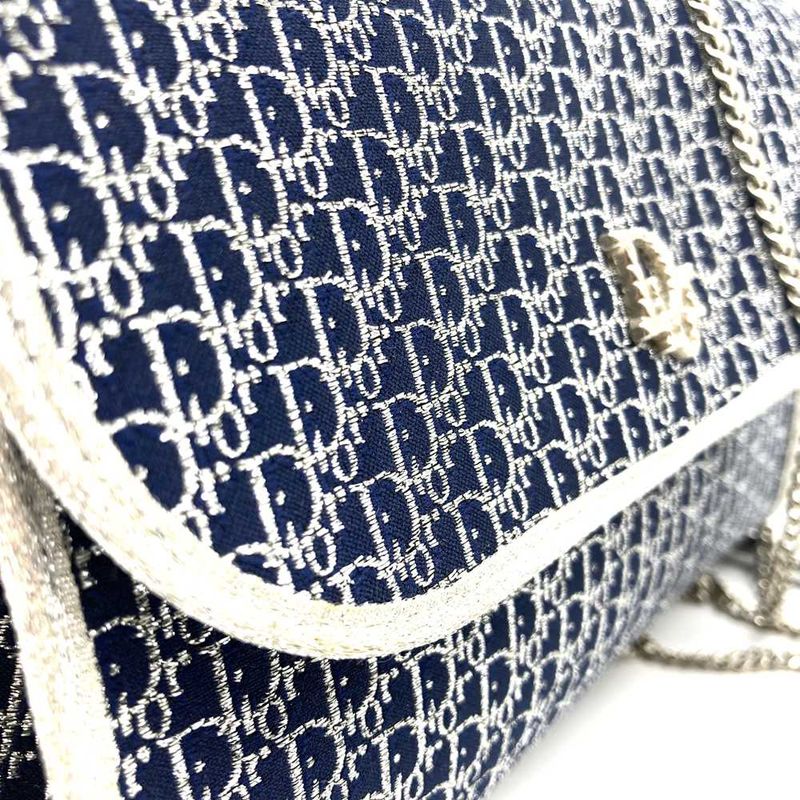 Christian DIOR Chain Shoulder Bag Lame Thread Canvas Navy Women