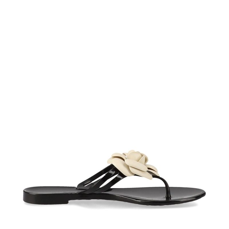 Chanel Coco Mark Camellia Rubber Sandals Women's 35 Black And White Made In