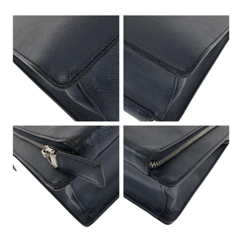 Prada Saffiano Triangle Logo Plate Navy Silver Hardware Leather Business Bag