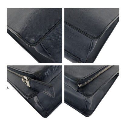 Prada Saffiano Triangle Logo Plate Navy Silver Hardware Leather Business Bag