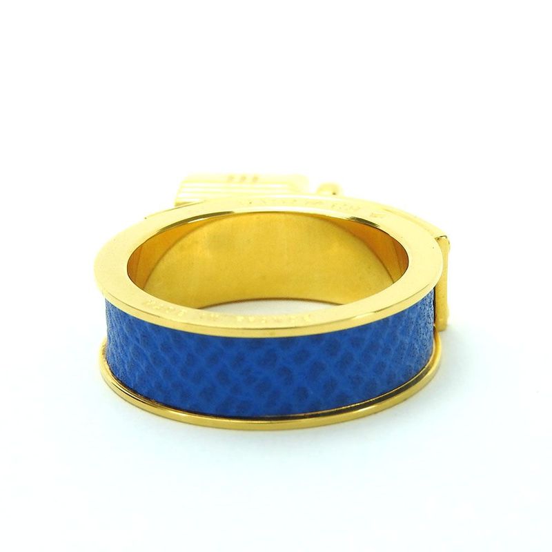 Hermes Scarf Ring Kelly Cadenas Motif Plated GP Leather Gold Blue Accessory
