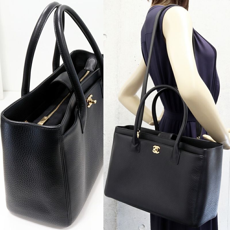 Chanel Tote Shoulder Bag Executive Soft Caviar Skin Black Gold Hardware 2WAY