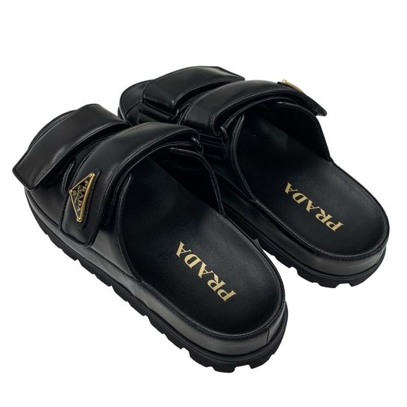 Prada Sandals Shoes Leather Black Unused Slide Sandals Triangle Logo