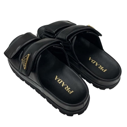Prada Sandals Shoes Leather Black Unused Slide Sandals Triangle Logo