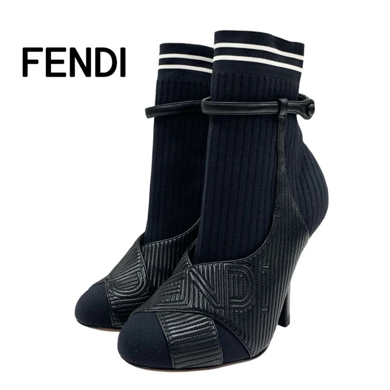 Fendi Rococo Boots Short Boots Shoes Fabric Leather Black White Black Logo Sock