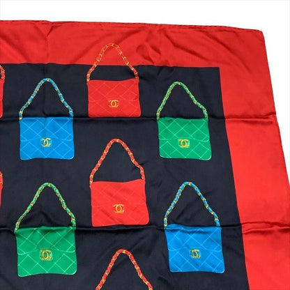 Chanel CC Logo Quilted Vintage Bag Pattern Large Scarf Silk 100% Red Black