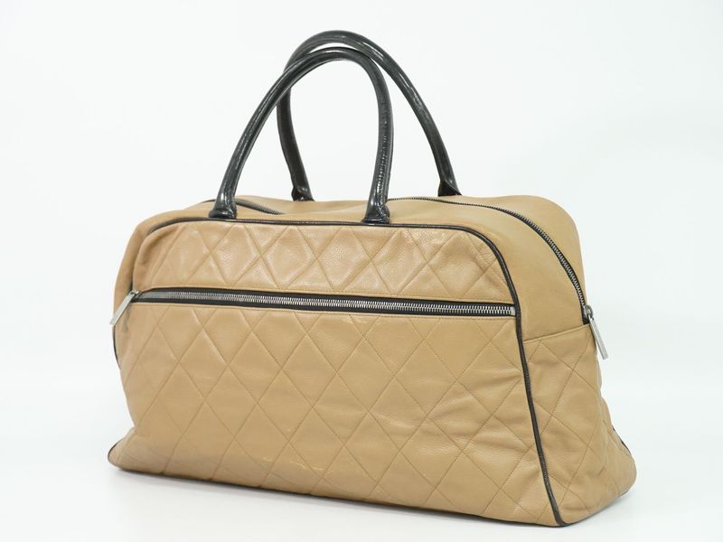 Authentic Chanel Logo Matelasse Boston Bag Handbag Caviar Skin Leather Pink