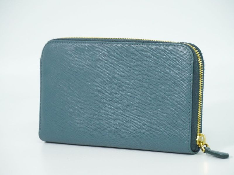 Authentic Prada Saffiano Leather Round Zipper Long Wallet Long Wallet Blue