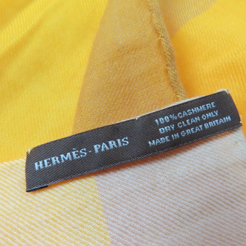 Hermes 100% Cashmere Large Shawl Scarf With Logo Yellow Made In England Women