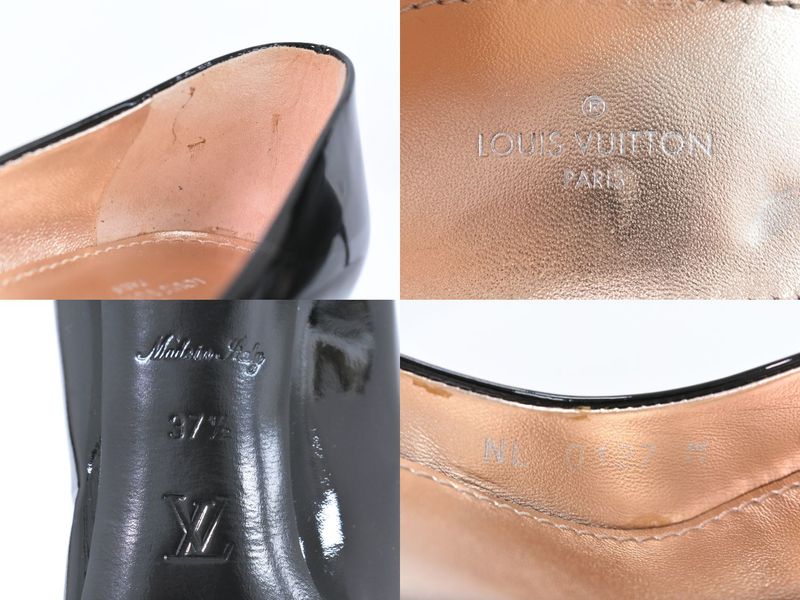 Authentic Louis Vuitton LV Logo Ribbon Pumps Heels 37H Patent Leather Black