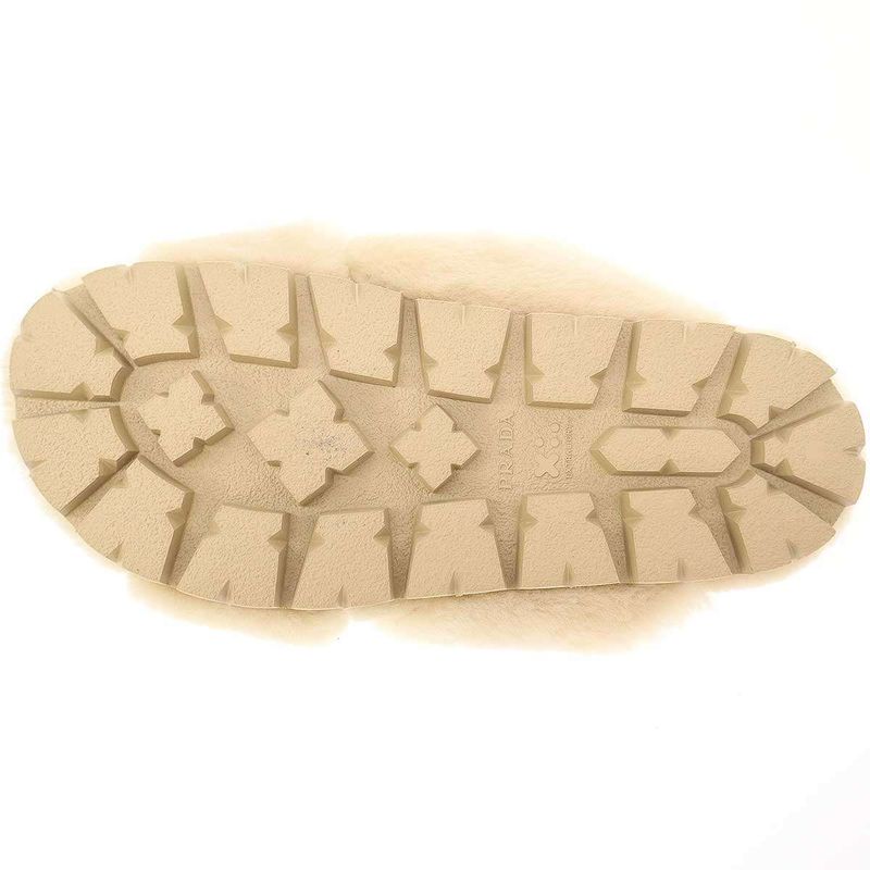 Prada Logo Plate Sheepskin Fur Sandals Beige 36