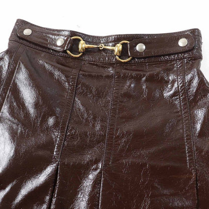 Gucci 410797 Lamb Leather 100% Silk Lining Horsebit Skirt Brown Gold Hardware