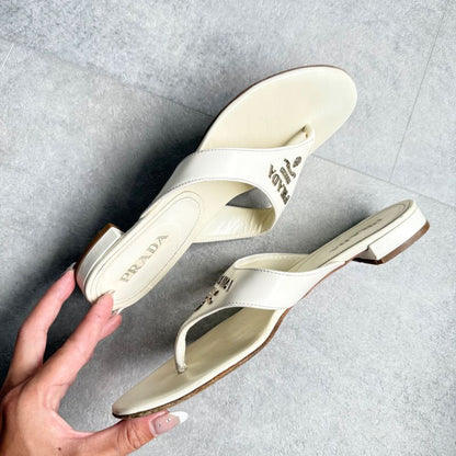 Prada Logo Sandal Patent Leather White Flip Flops 36 1 2 23.5cm (9.25in)
