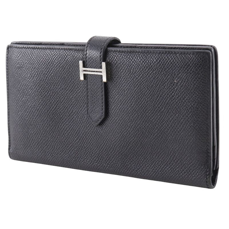 Hermes Bearn Courchevel Black/silver Hardware □O Unisex Long Wallet