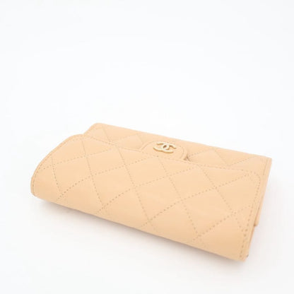 Chanel Matelasse Three-fold Long Wallet Coco Mark Lambskin Beige Silver Hardware