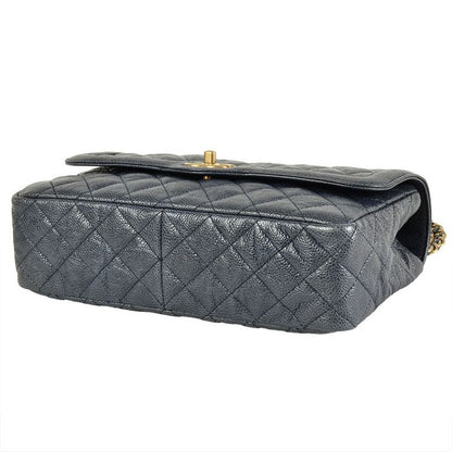 Chanel Matelasse Double Chain Shoulder Bag Caviar Skin Blue Gold Hardware Coco