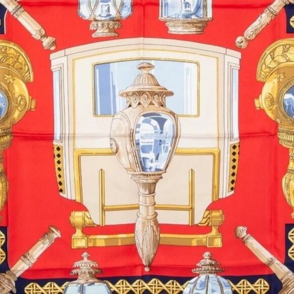 Hermes Silk Scarf Carre 90 FEUX de ROUTE Carriage Lantern Red