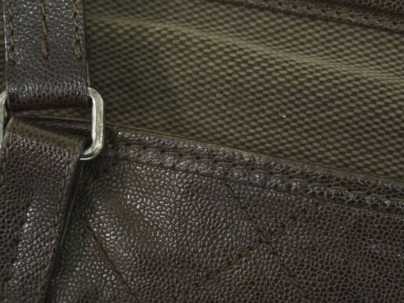 Authentic Chanel Caviar Skin Leather Canvas Shoulder Bag Tote Bag Brown Bag