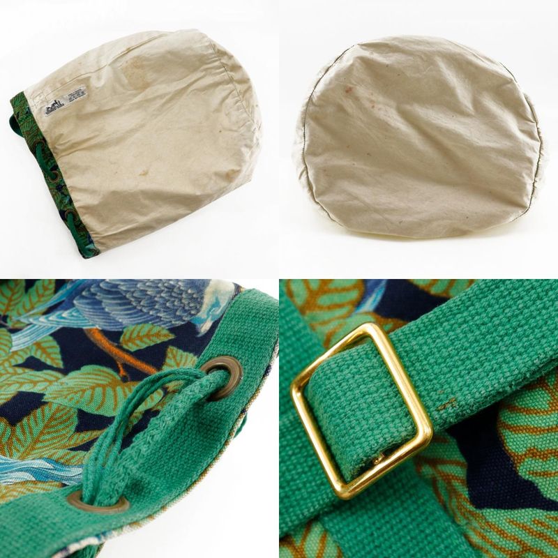 Hermes One Shoulder Botanical Pattern Bird Pattern Vintage Cotton Green Women