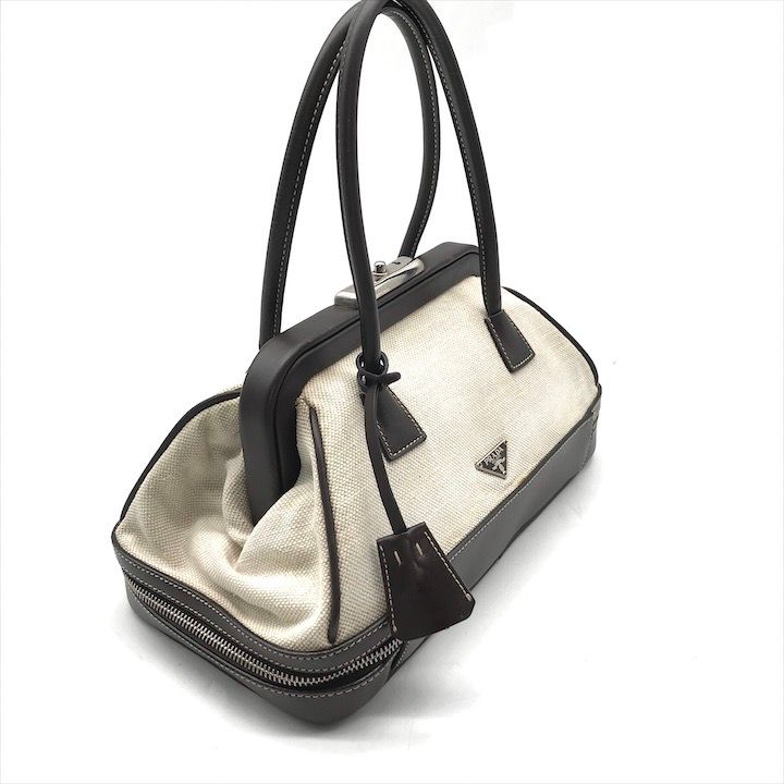 Prada Canvas Leather Mini Hand Bag Clasp Brown