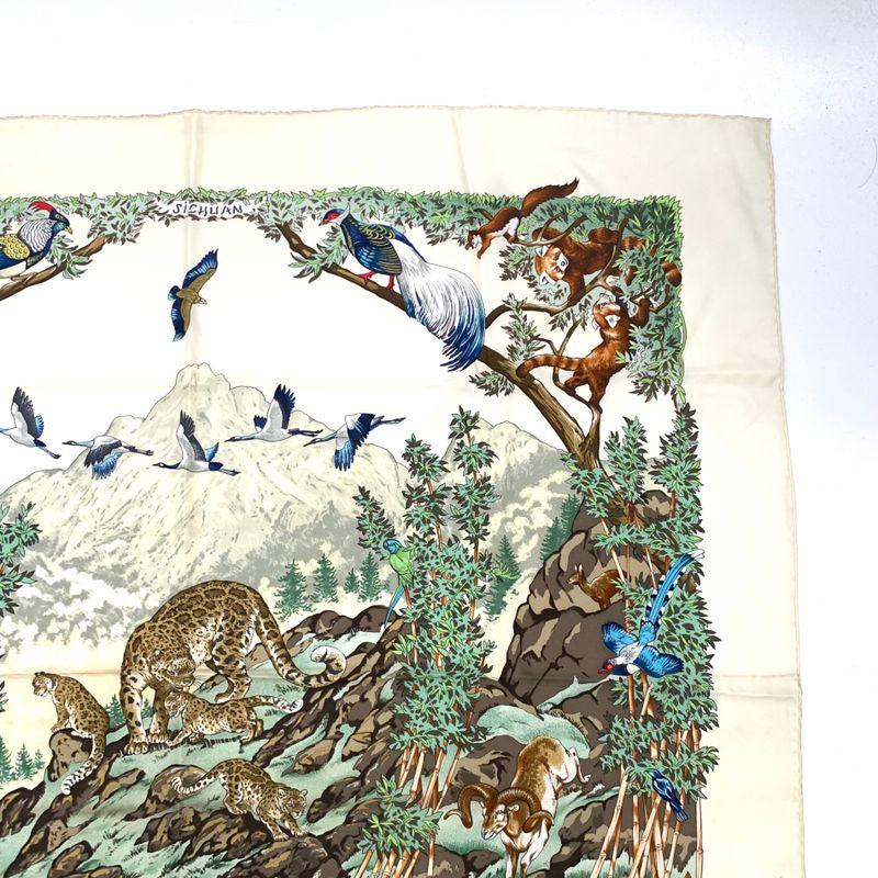 Hermes Carre 90 Sichuan Ivory X Multicolor Scarf 100% Silk