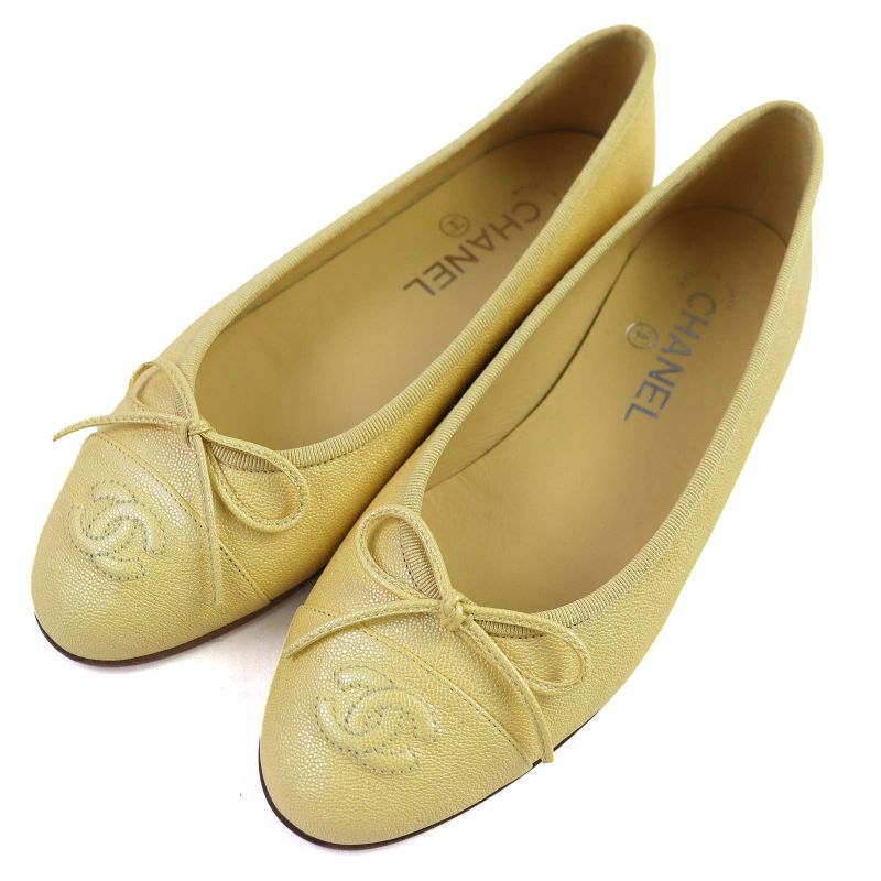 CHANEL 19S G02819 Ballerina Coco Mark Ribbon Leather Flat Pumps Shoes Yellow 37