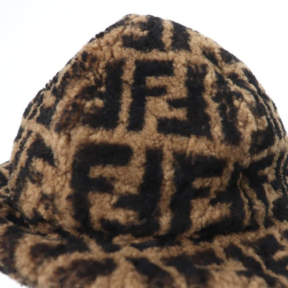 Fendi Fxq632 100% Silk Lined FF Logo Zucca Pattern Mouton Hat Brown Black M