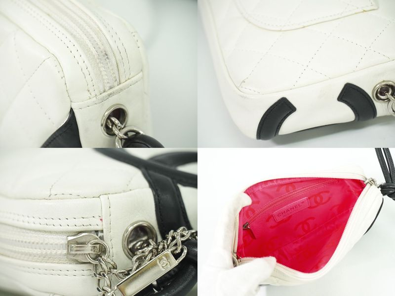 Authentic Chanel Coco Mark Cambon Line 2WAY Handbag Pouch Leather White Black