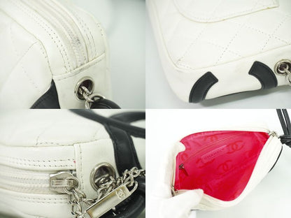 Authentic Chanel Coco Mark Cambon Line 2WAY Handbag Pouch Leather White Black