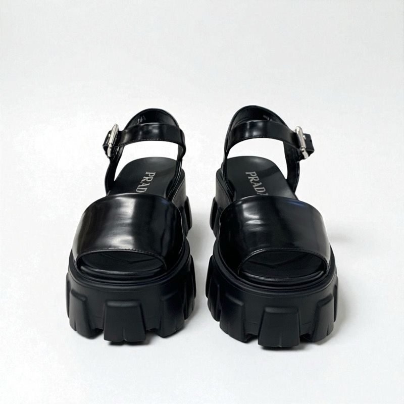 Prada Monolith Sandals Shoes Leather Black Logo Platform Strap