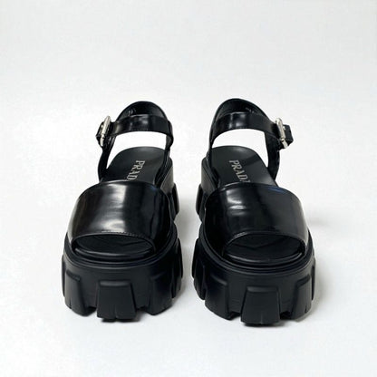 Prada Monolith Sandals Shoes Leather Black Logo Platform Strap