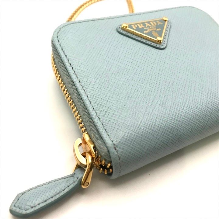 Prada Saffiano Leather Chain Shoulder Card Case Wallet Blue