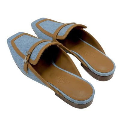 Hermes Groupie Flat Shoes Denim Leather Light Blue Brown Unused Mule Slipper