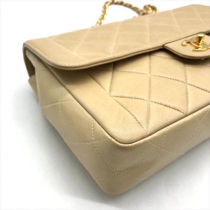 Chanel CC Logo Quilted Lambskin Straight Flap Beige Chain Shoulder Bag