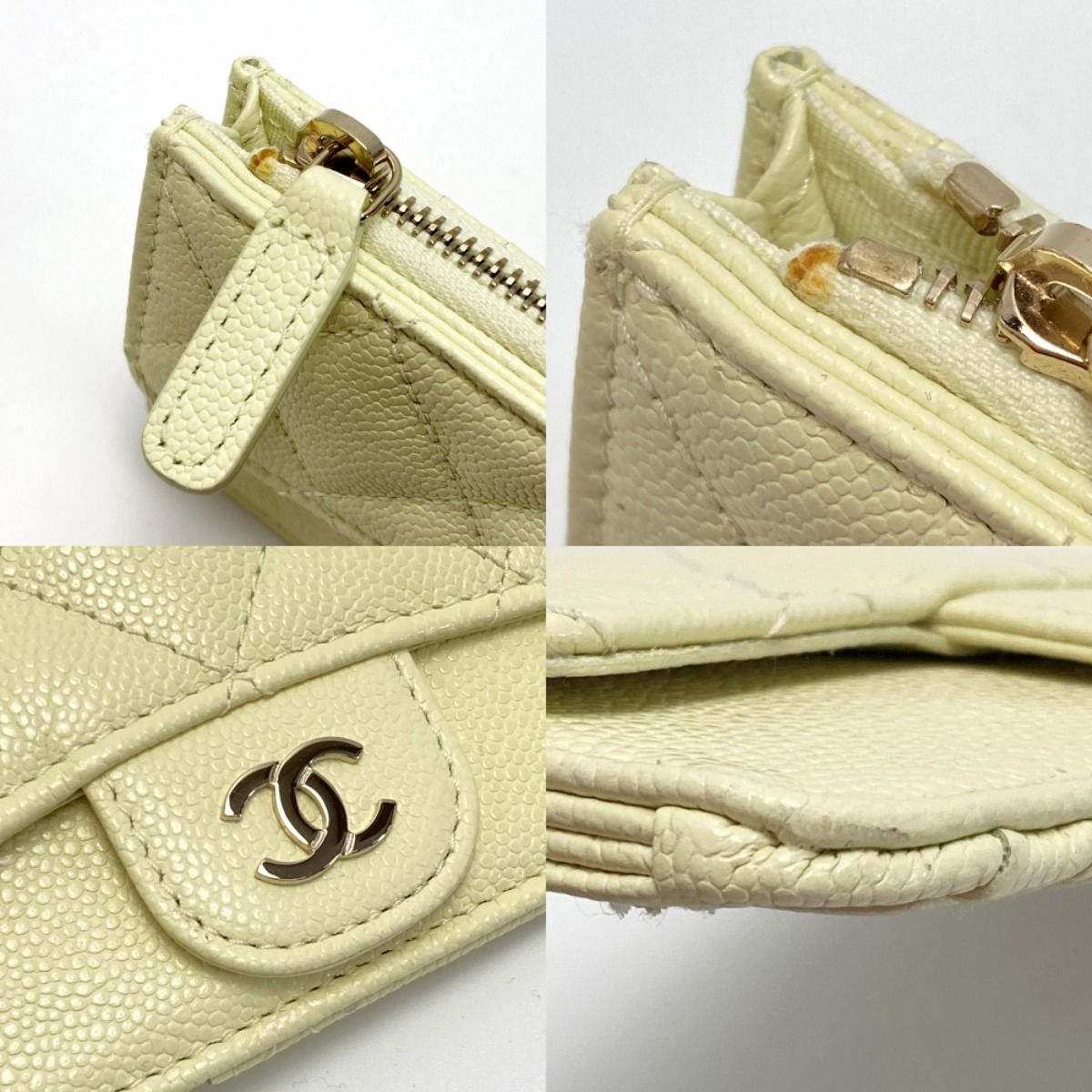 Chanel Matelasse Classic Card Case Ap2570 Light Yellow Caviar Skin Coin Case