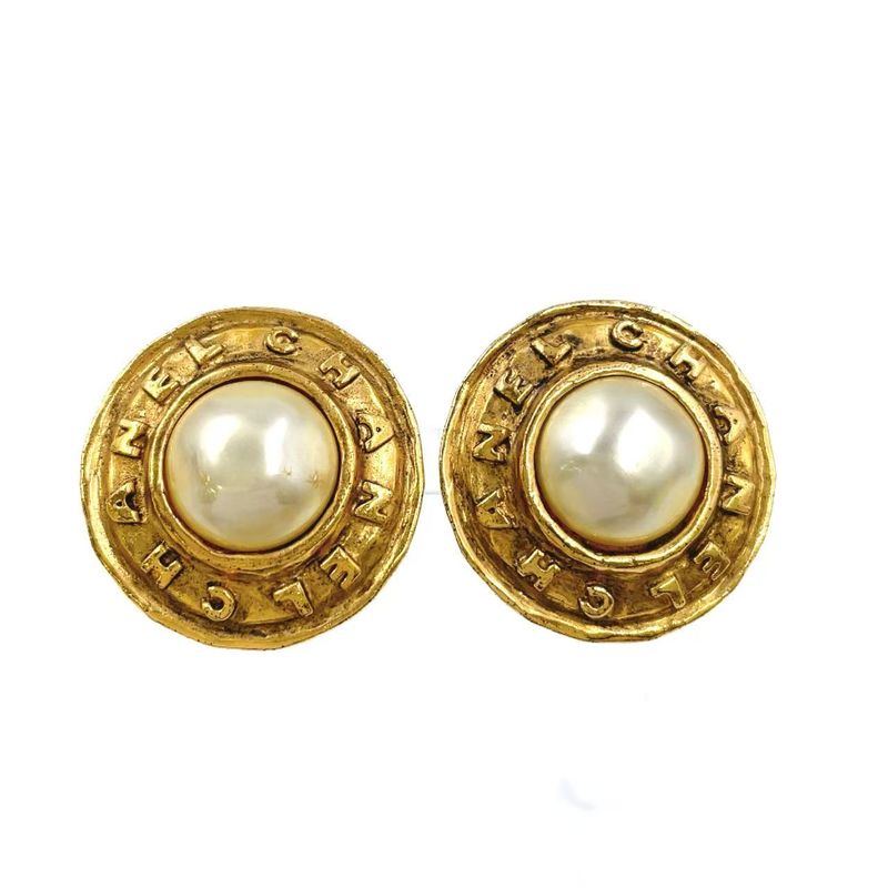 Chanel Old Chanel Logo Faux Pearl GP X Faux Pearl Ivory X Gold Earrings