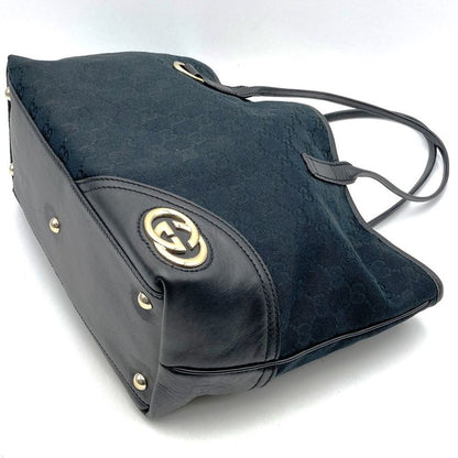 Gucci 169946 Tote Bag Black GG Canvas And Leather Women Men Fashion